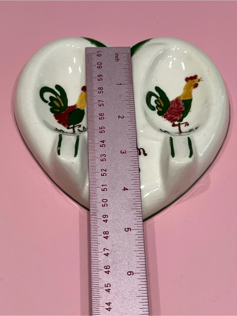 Vintage 50s Heart Shaped Double Spoon Rest Rooster MCM Country Farmhouse Kitschy